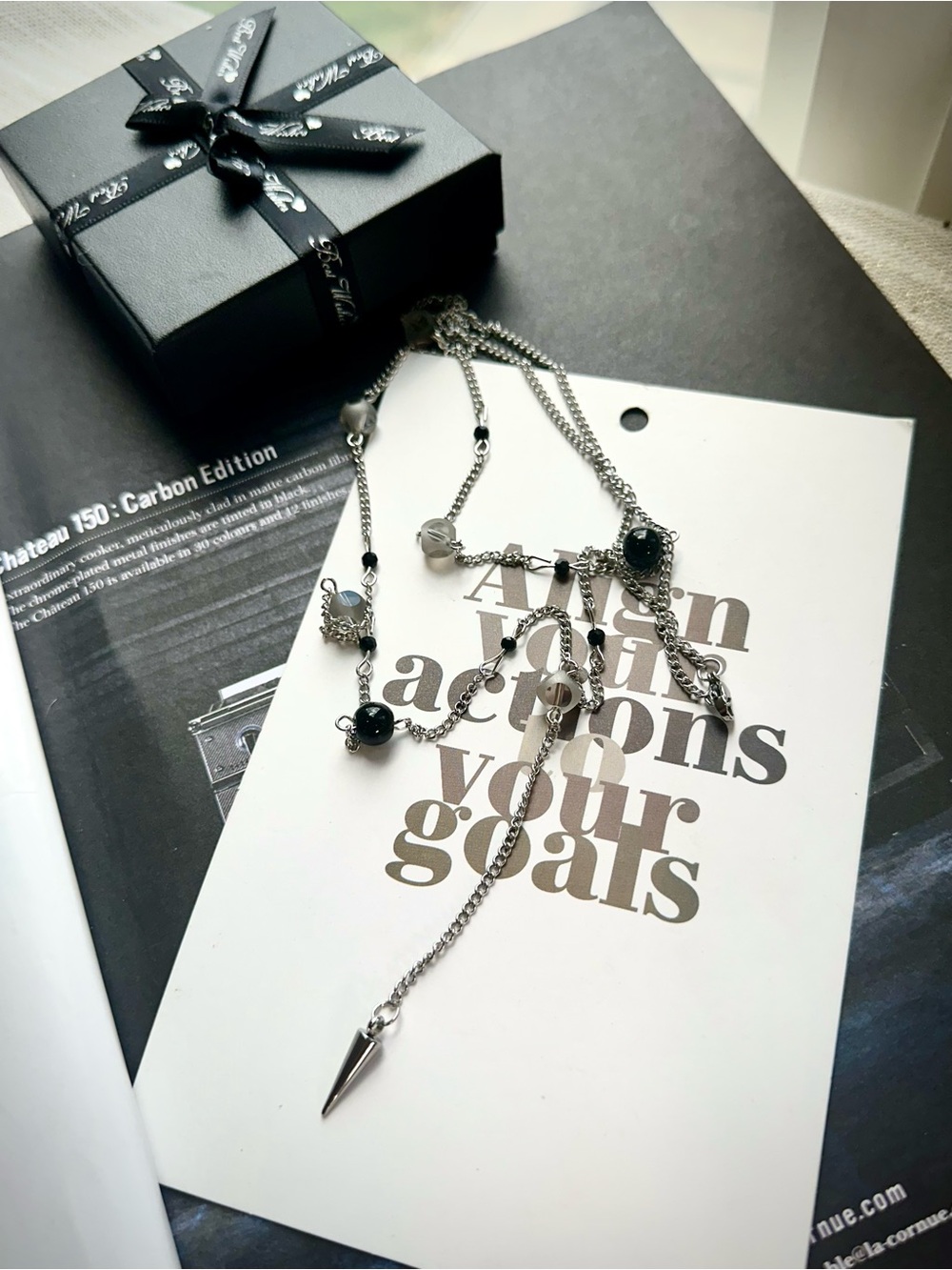Delicate Silver Beaded Y-Necklace with Black and Smoky Beads
